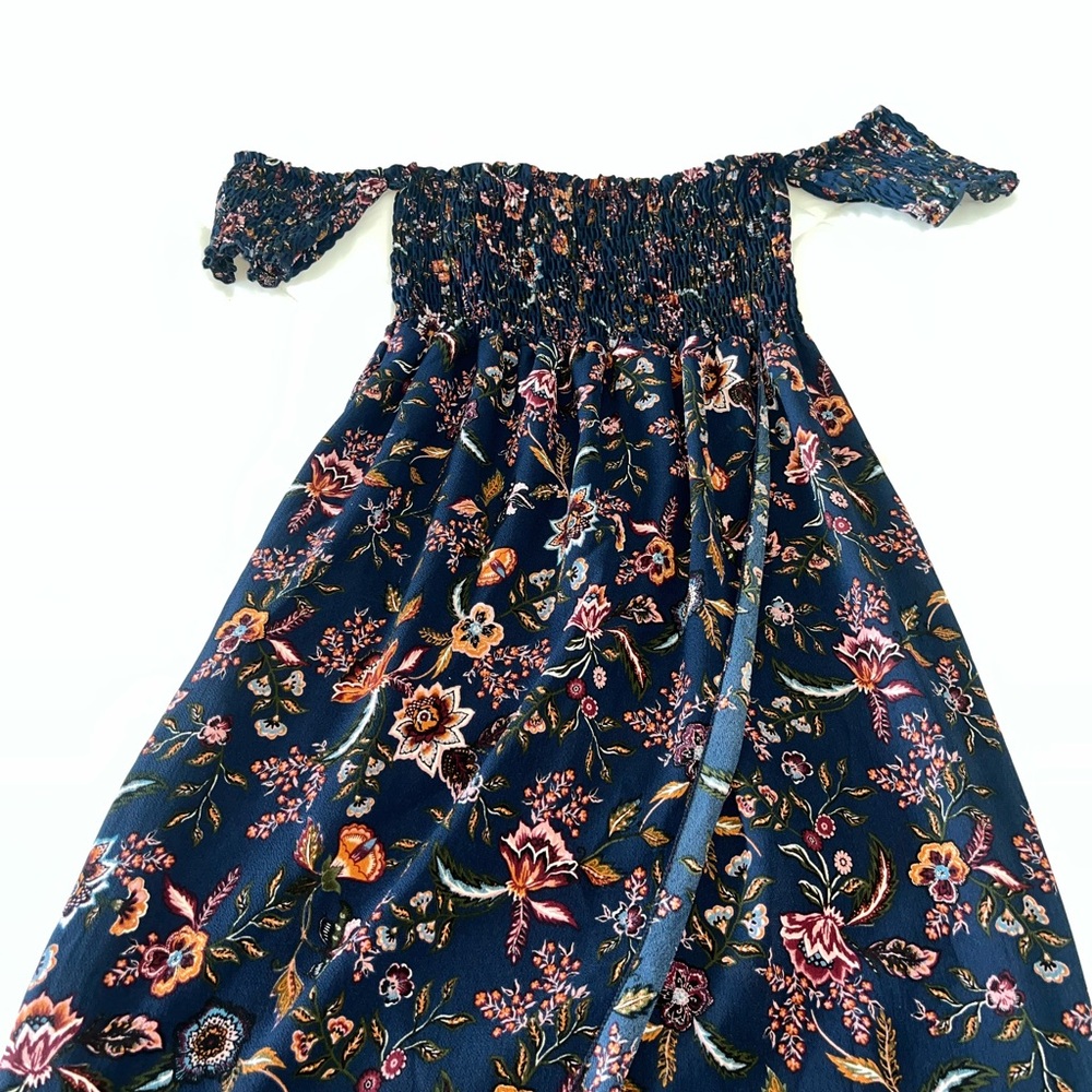 Floral Off-Shoulder Navy Blue Dress